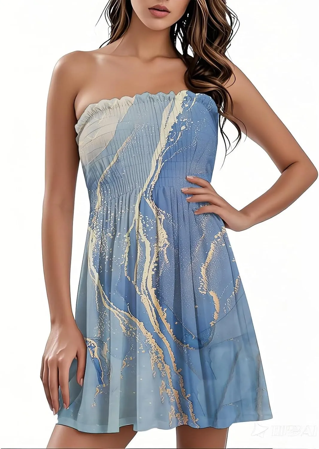 Beach Vacation Mini Dress for Women Sexy Strapless Tube Sundress Bohemian Floral Print Color Block A Line Dresses