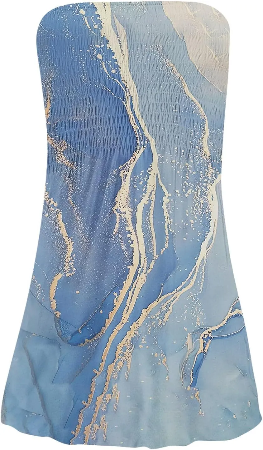 Beach Vacation Mini Dress for Women Sexy Strapless Tube Sundress Bohemian Floral Print Color Block A Line Dresses
