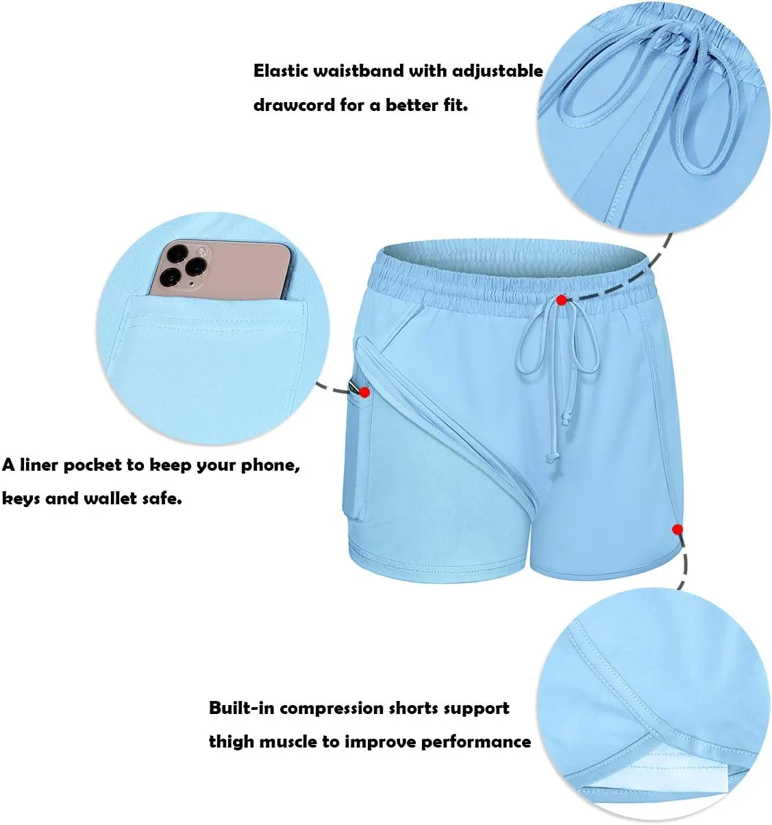 BLEVONH Women Yoga Running Shorts 2 in 1 Workout Athletic Shorts with Pockets S-3XL