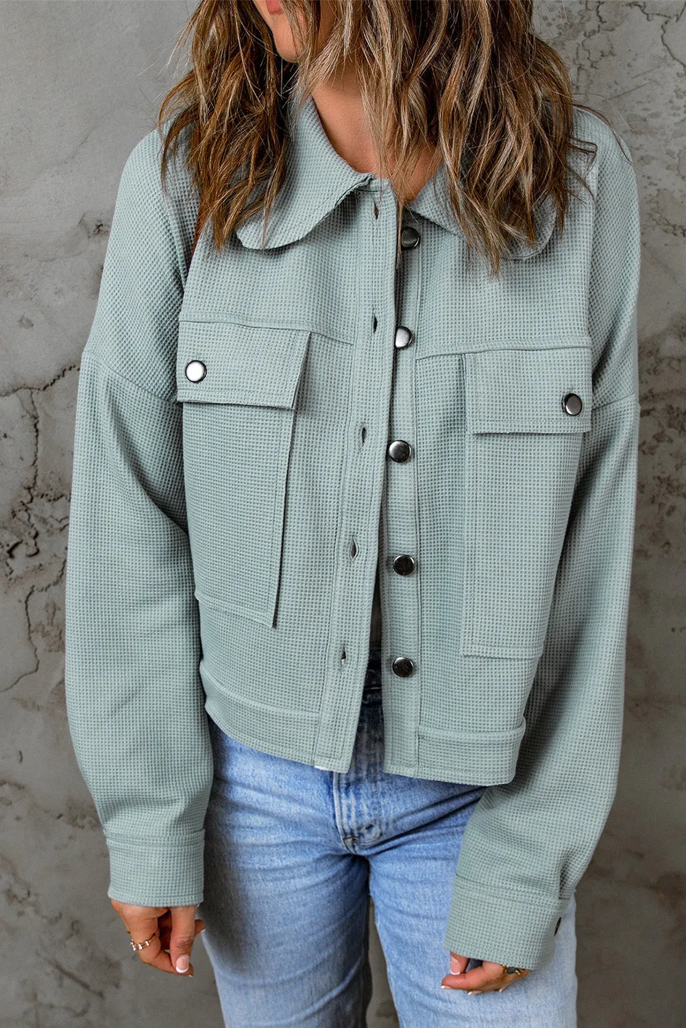 Blue Waffle Knit Buttons Cropped Jacket