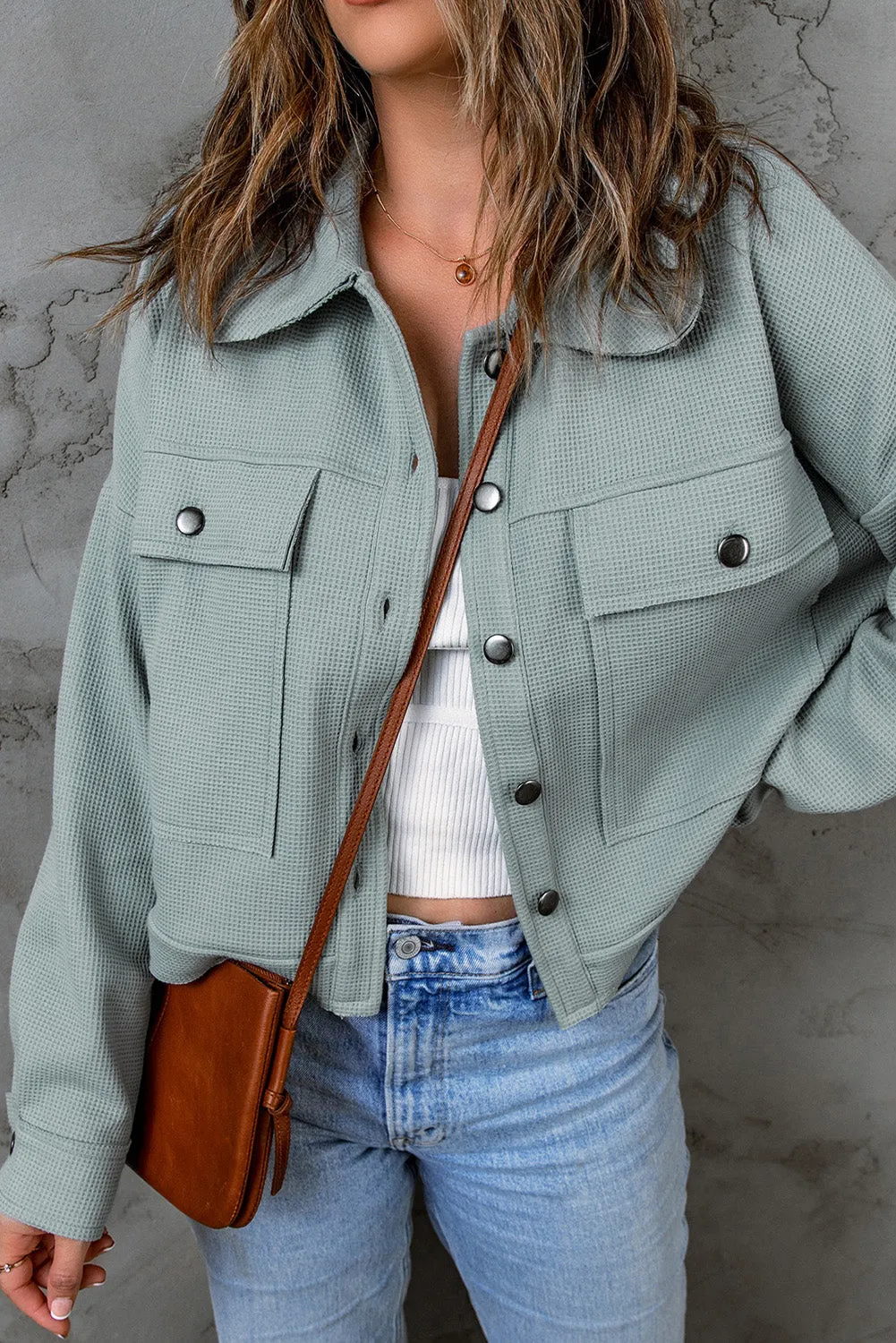 Blue Waffle Knit Buttons Cropped Jacket