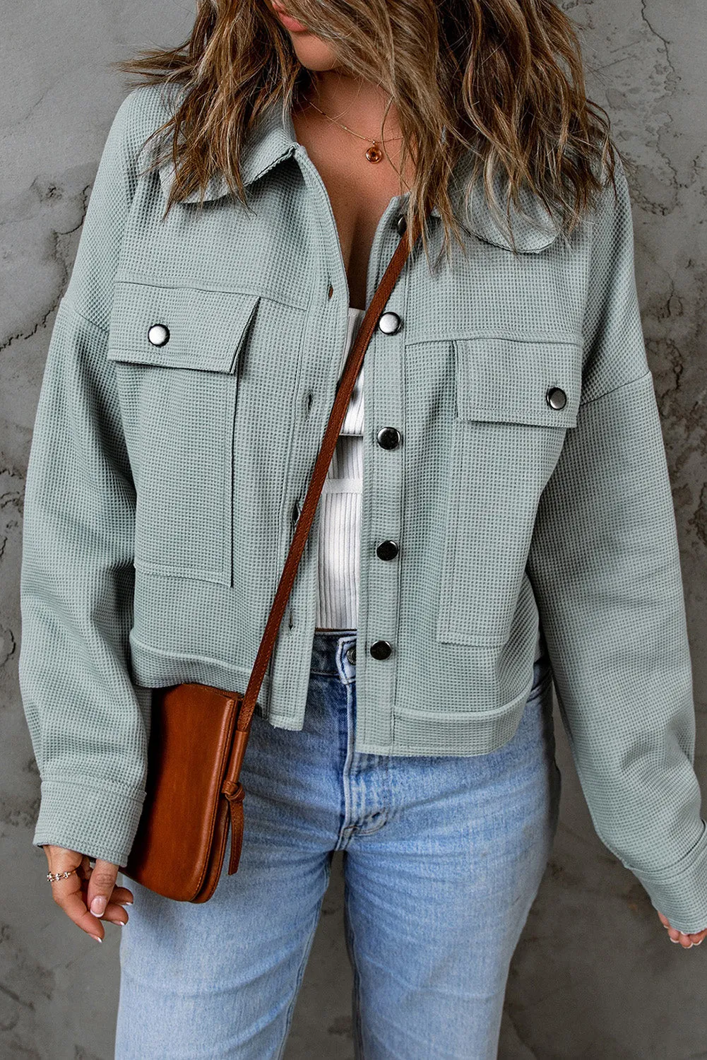 Blue Waffle Knit Buttons Cropped Jacket