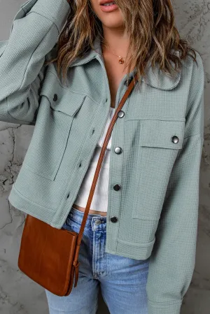 Blue Waffle Knit Buttons Cropped Jacket