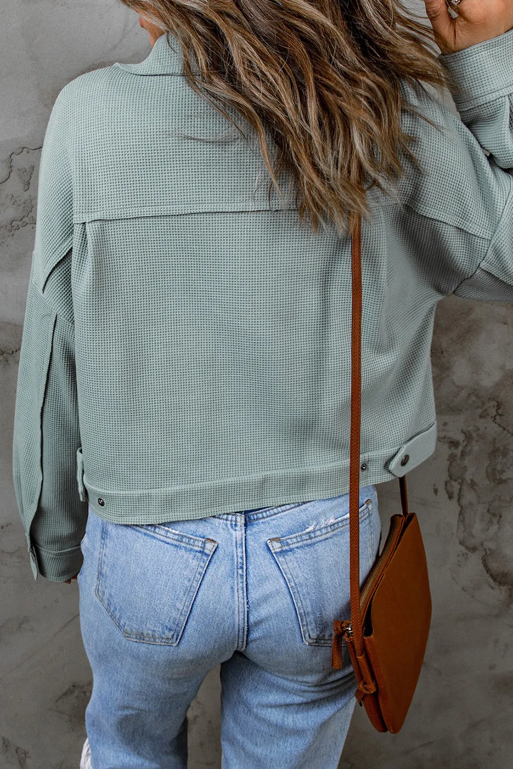 Blue Waffle Knit Buttons Cropped Jacket