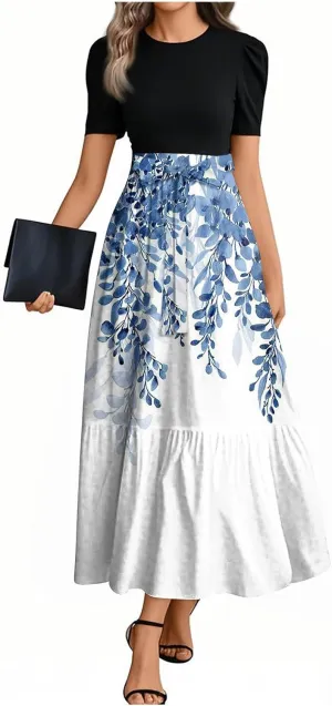 Boho Dresses for Women 2025 Trendy Short Sleeve Crew Neck Vintage Floral Print Flowy Maxi Dress, S-2XL