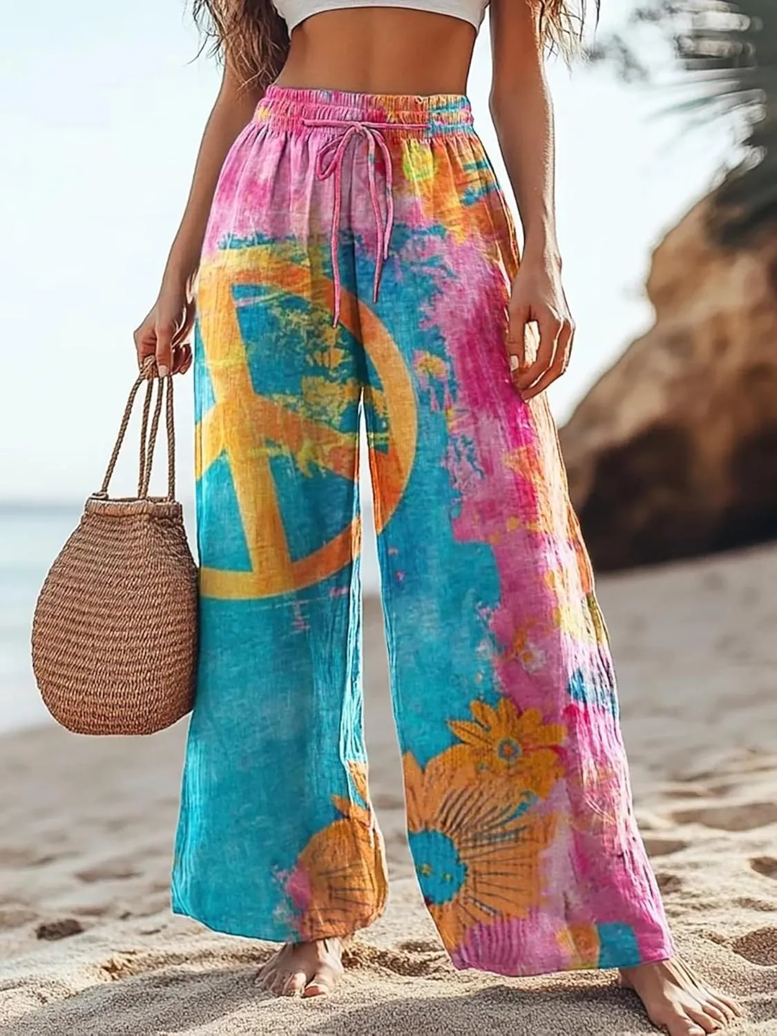 Boho Floral Wide Leg Pants for Women Cotton Linen Casual Loose Pants Summer Beach Flowers Print Flowy Long Pants