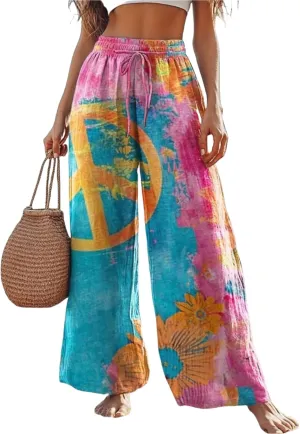 Boho Floral Wide Leg Pants for Women Cotton Linen Casual Loose Pants Summer Beach Flowers Print Flowy Long Pants
