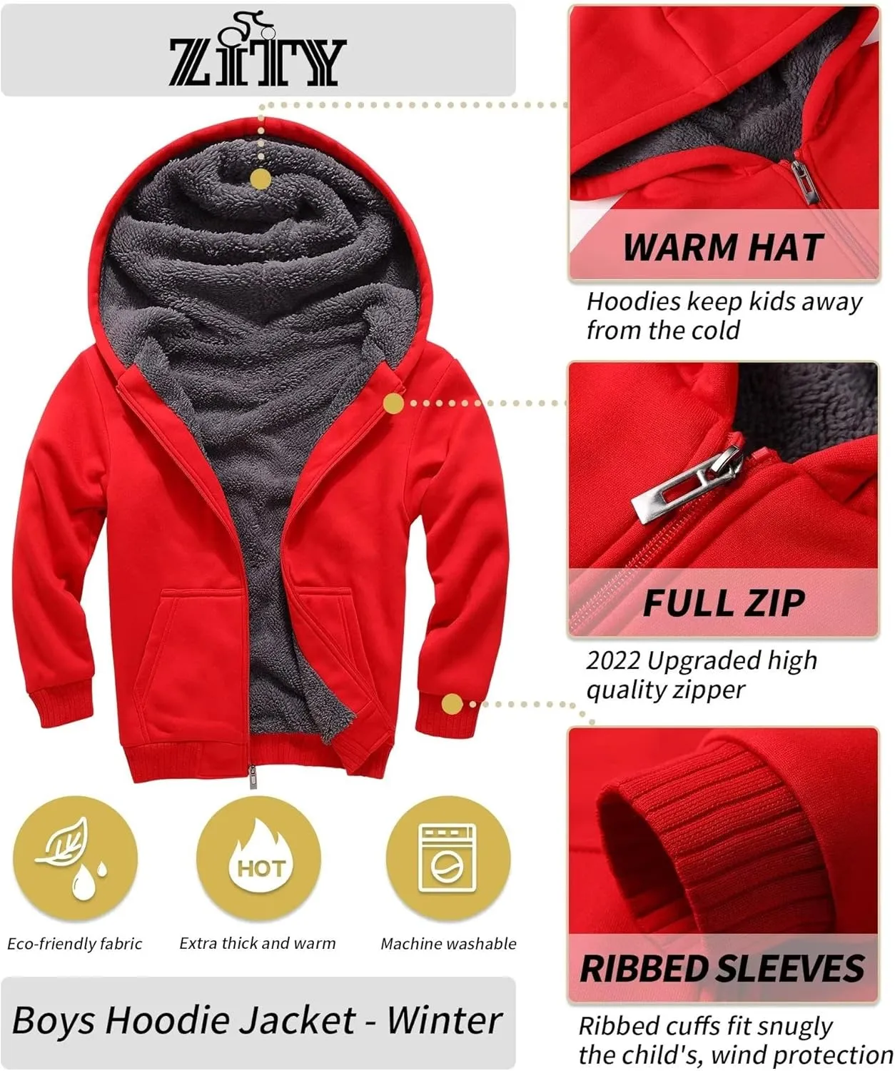 Boys Fleece Jacket Zip Up Hoodie Sherpa Lined Warm Coat Hooded Sweatshirt Outerwear