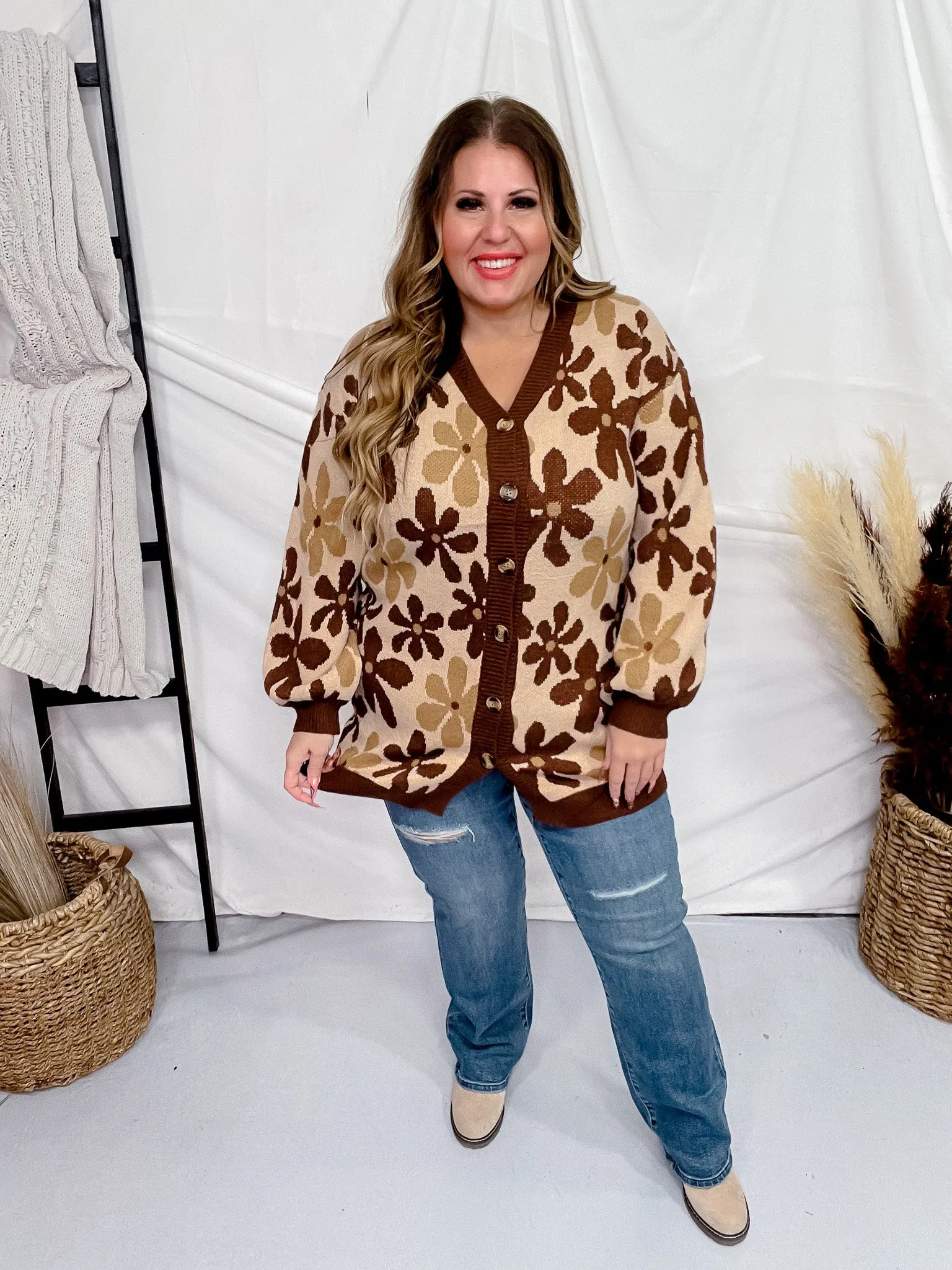 Brown Floral Open Front Sweater Cardigan