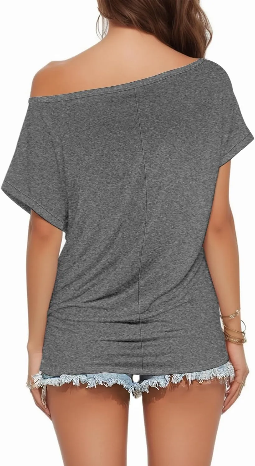 Buauty Womens Summer Off Shoulder Tops Casual Loose Short Sleeve T Shirts One Shoulder Tops Trendy Sexy Cute Tunic Tee