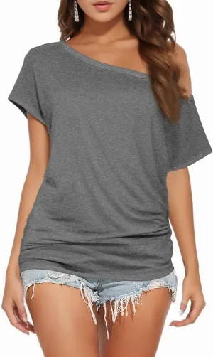 Buauty Womens Summer Off Shoulder Tops Casual Loose Short Sleeve T Shirts One Shoulder Tops Trendy Sexy Cute Tunic Tee