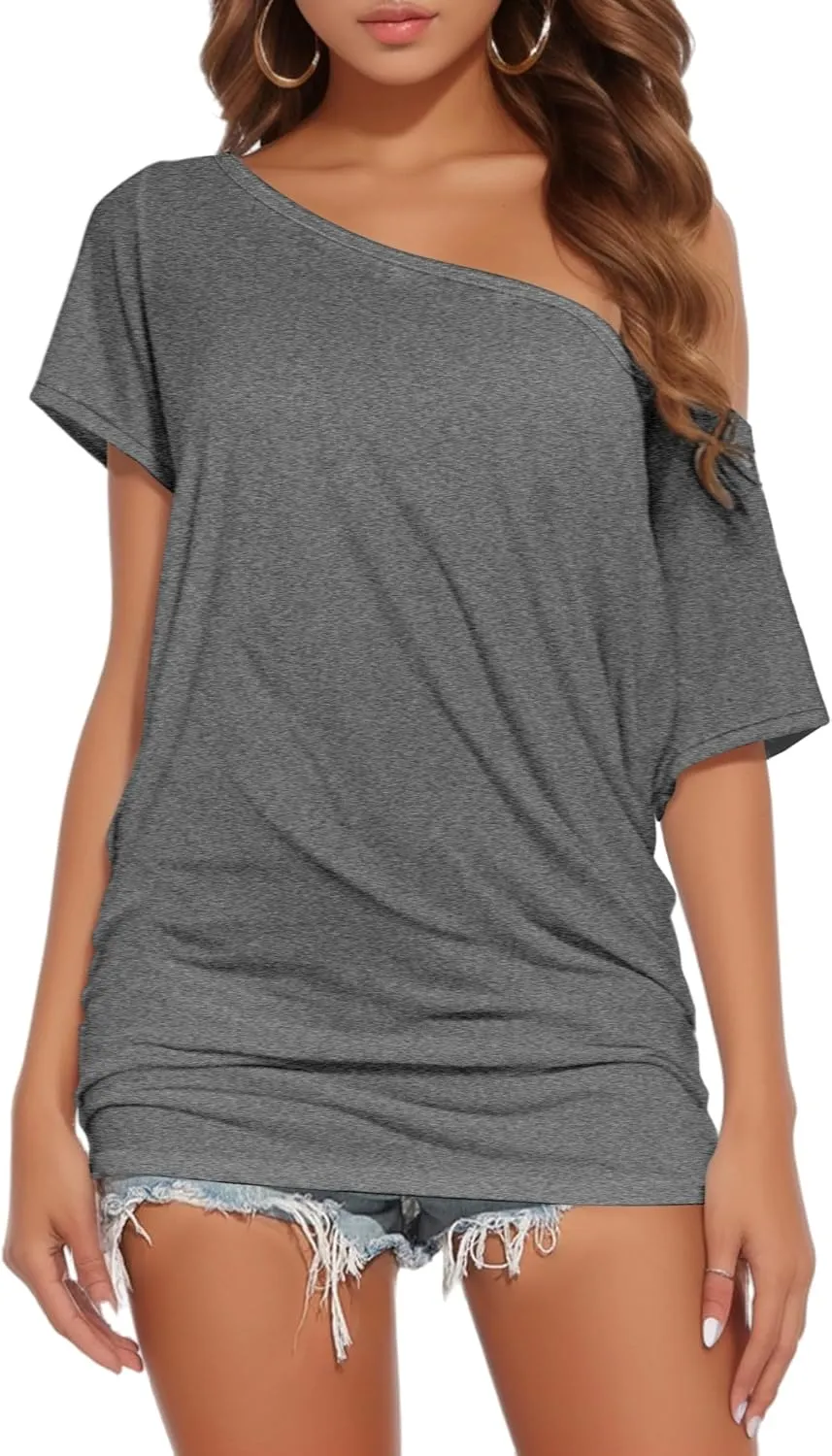 Buauty Womens Summer Off Shoulder Tops Casual Loose Short Sleeve T Shirts One Shoulder Tops Trendy Sexy Cute Tunic Tee