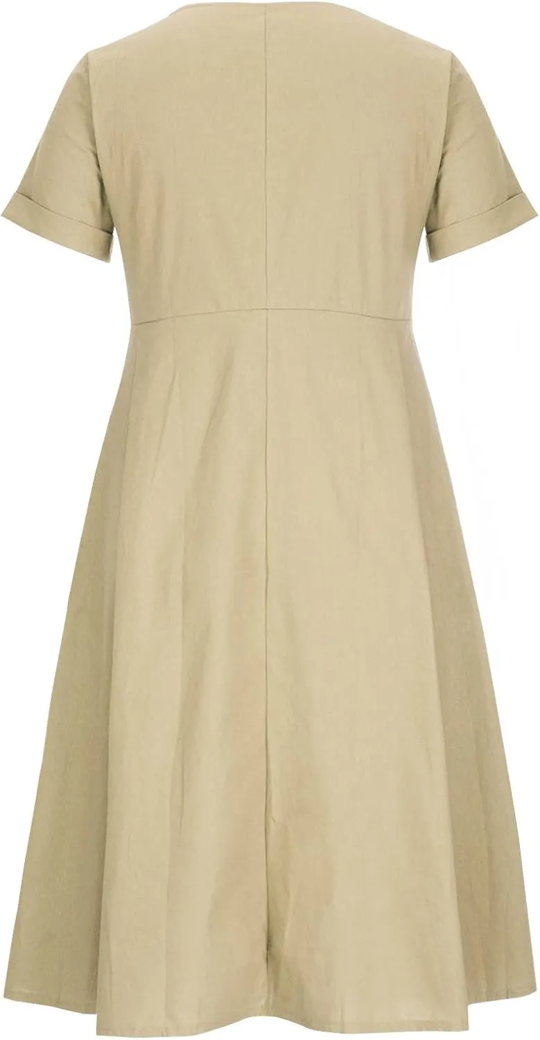 Button Down Dress for Women Linen Maxi Dress with Pockets Short Sleeves Boho Flowy Midi Dresses Womens Summer Outfits