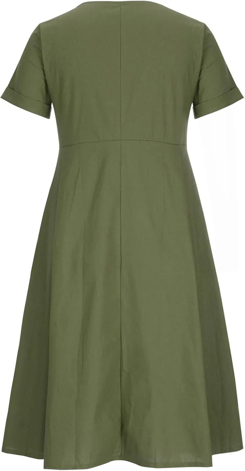 Button Down Dress for Women Linen Maxi Dress with Pockets Short Sleeves Boho Flowy Midi Dresses Womens Summer Outfits