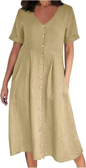 Button Down Dress for Women Linen Maxi Dress with Pockets Short Sleeves Boho Flowy Midi Dresses Womens Summer Outfits