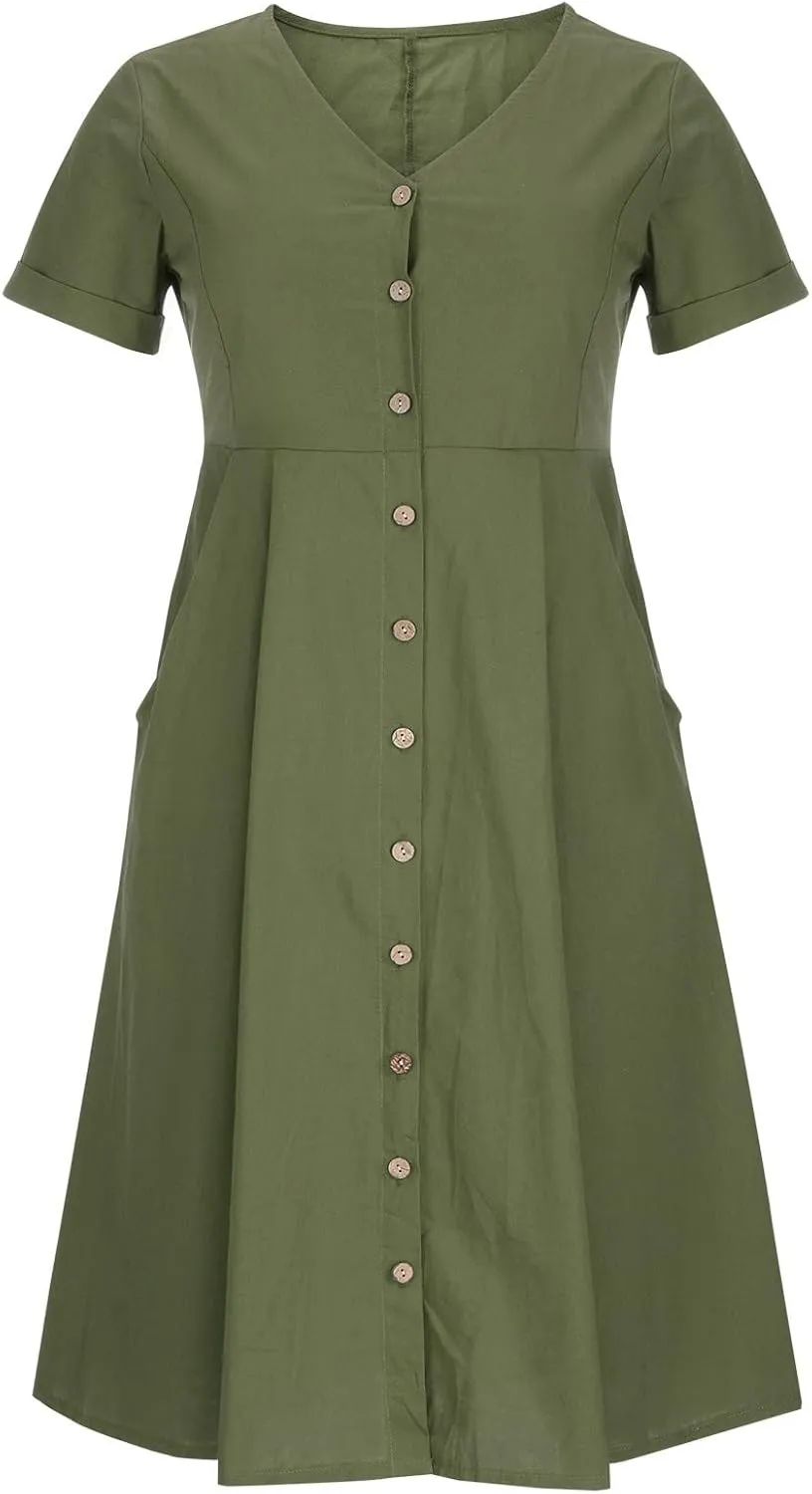 Button Down Dress for Women Linen Maxi Dress with Pockets Short Sleeves Boho Flowy Midi Dresses Womens Summer Outfits