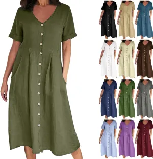 Button Down Dress for Women Linen Maxi Dress with Pockets Short Sleeves Boho Flowy Midi Dresses Womens Summer Outfits