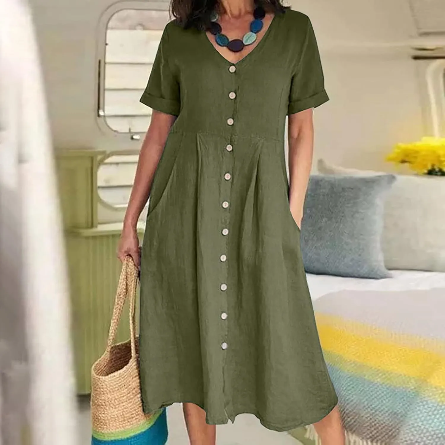 Button Down Dress for Women Linen Maxi Dress with Pockets Short Sleeves Boho Flowy Midi Dresses Womens Summer Outfits