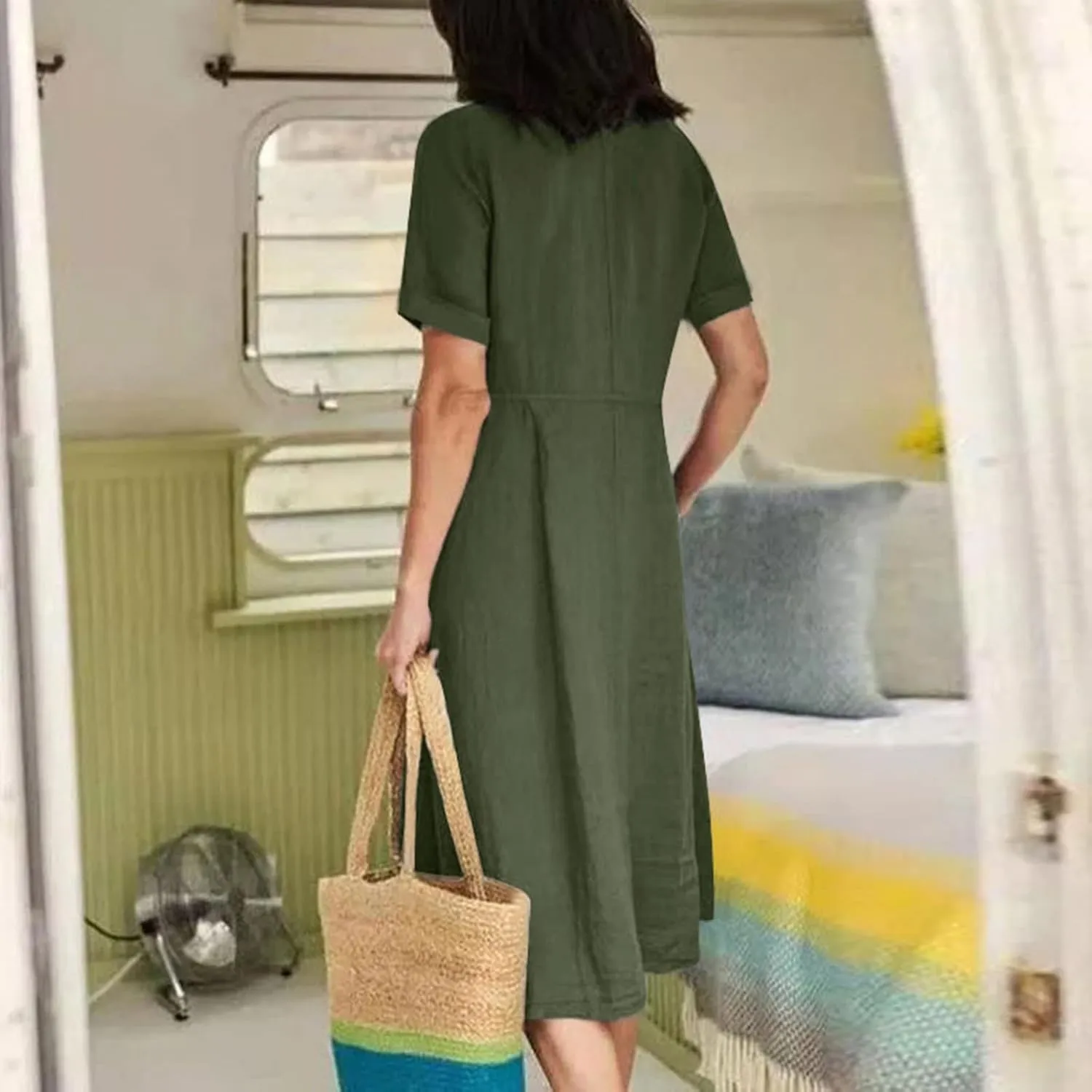 Button Down Dress for Women Linen Maxi Dress with Pockets Short Sleeves Boho Flowy Midi Dresses Womens Summer Outfits