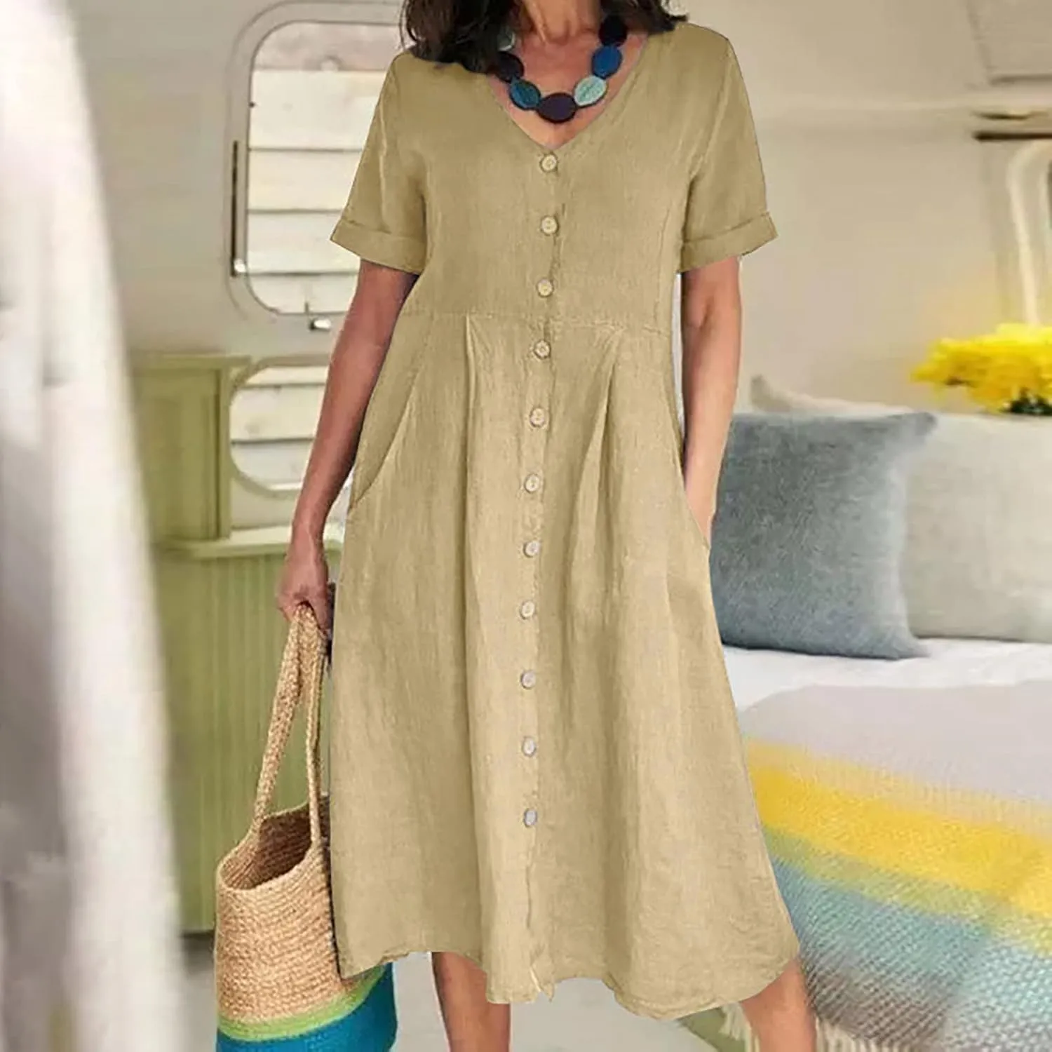 Button Down Dress for Women Linen Maxi Dress with Pockets Short Sleeves Boho Flowy Midi Dresses Womens Summer Outfits