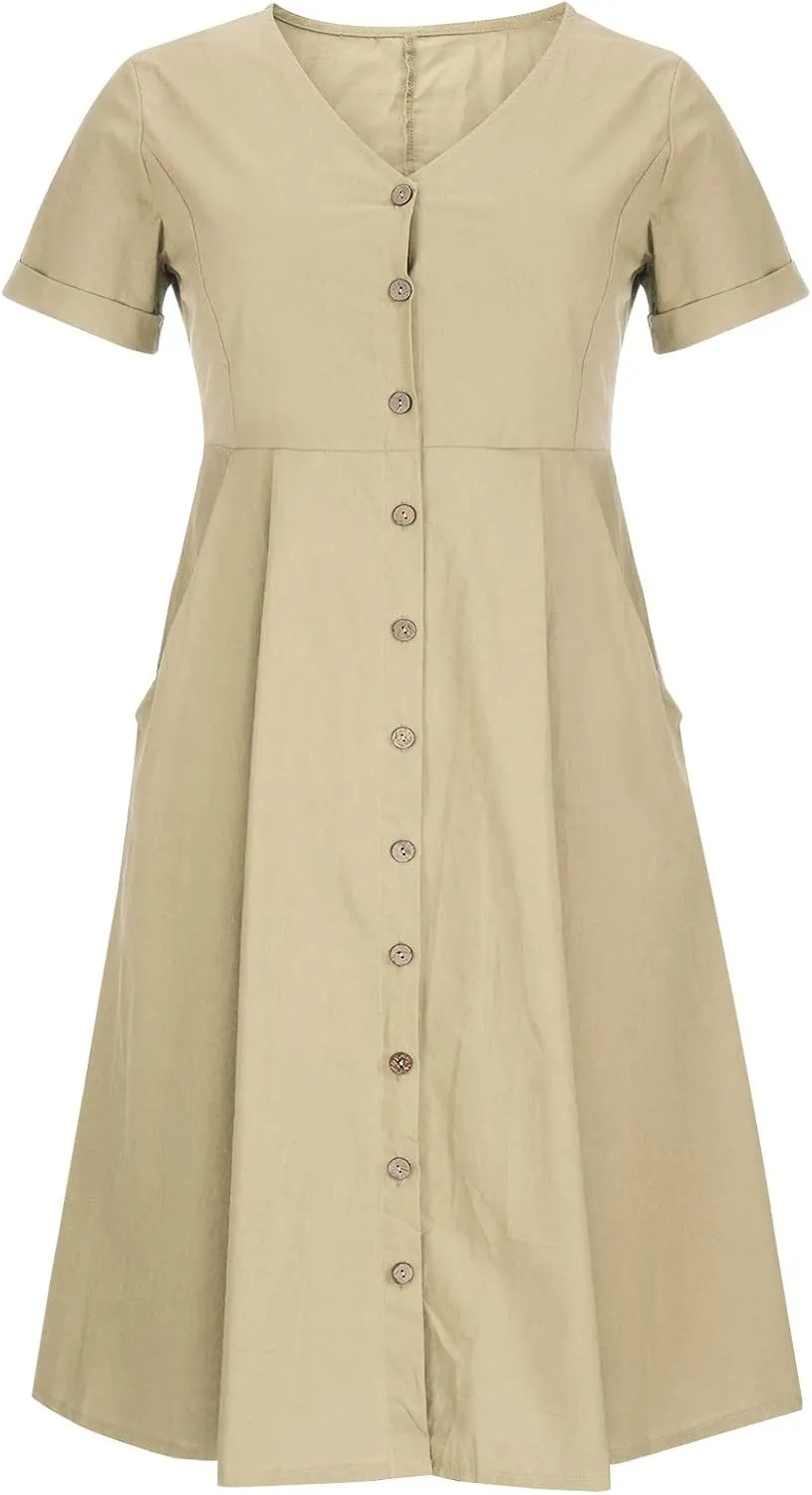 Button Down Dress for Women Linen Maxi Dress with Pockets Short Sleeves Boho Flowy Midi Dresses Womens Summer Outfits