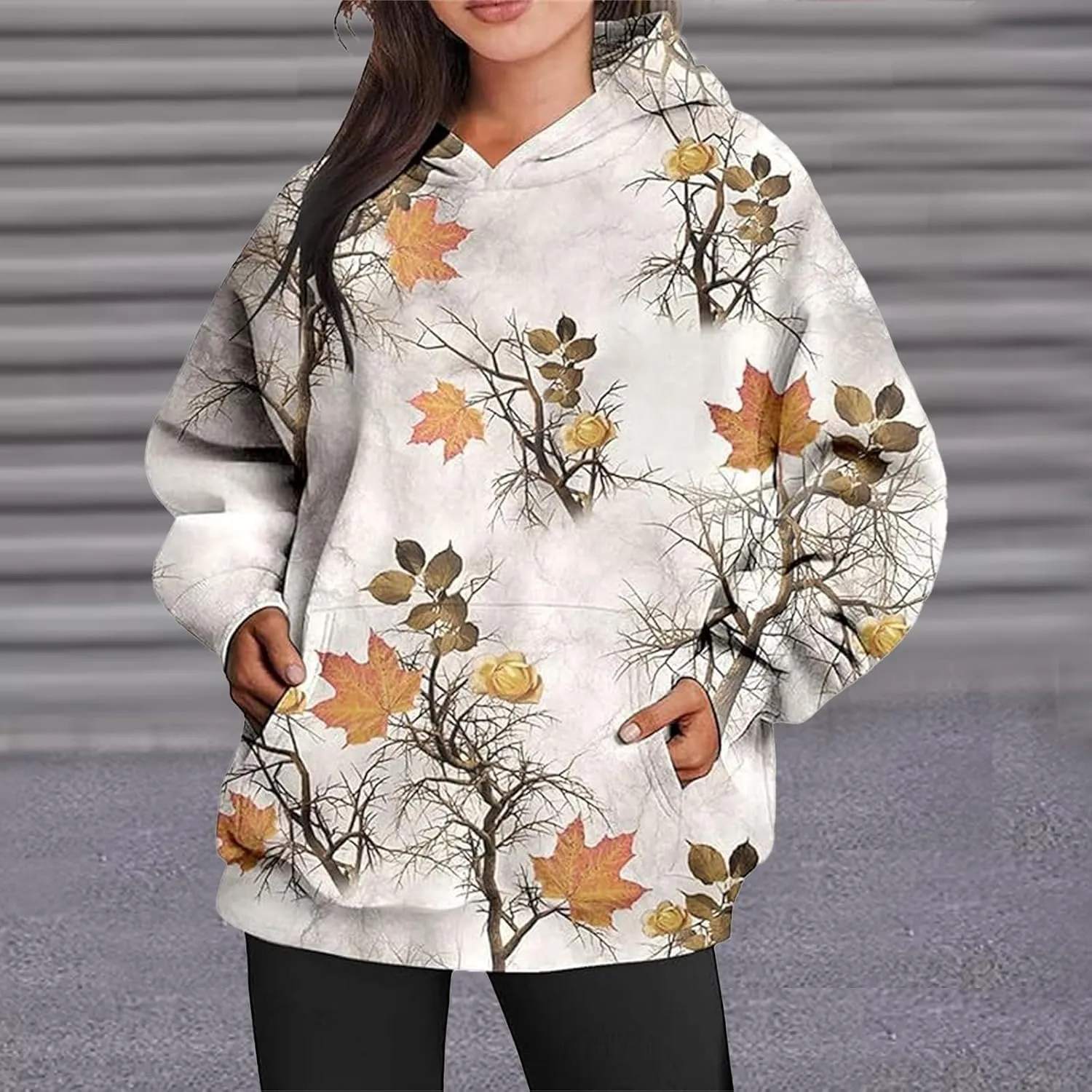 Camo Hoodies for Women Maple Leaf Print Oversized Hooded Sweatshirt Long Sleeve Pullover Sweatshirts with Pocket