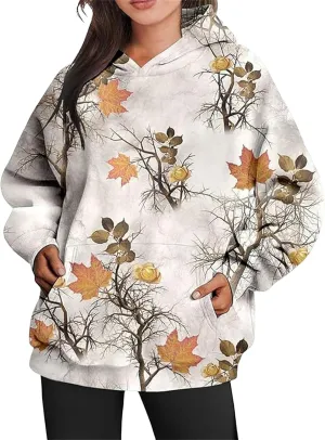Camo Hoodies for Women Maple Leaf Print Oversized Hooded Sweatshirt Long Sleeve Pullover Sweatshirts with Pocket
