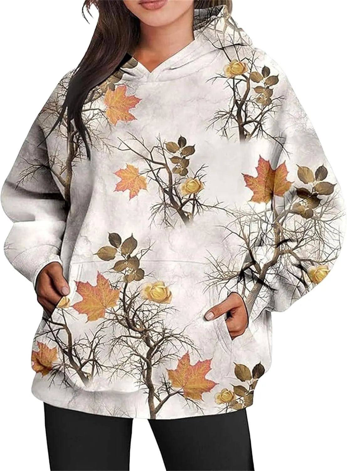 Camo Hoodies for Women Maple Leaf Print Oversized Hooded Sweatshirt Long Sleeve Pullover Sweatshirts with Pocket