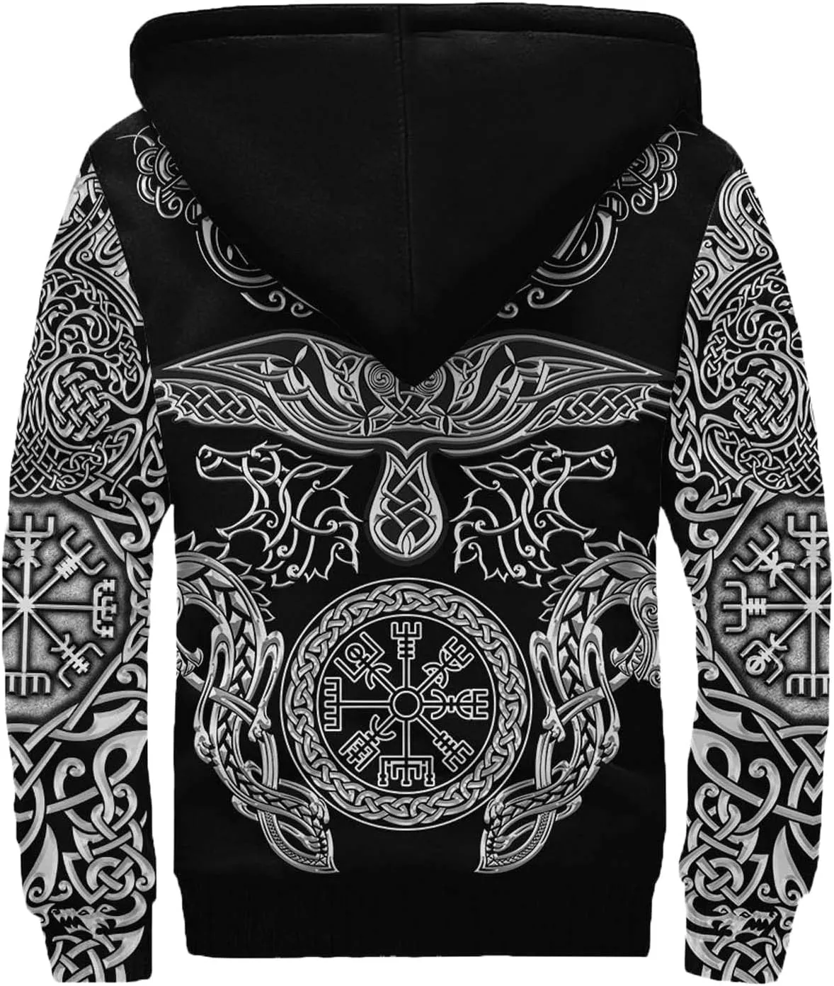 Celtic Knot 3D Print Nordic Clothing Outerwear, Viking Ravens Mens Winter Warm Outdoor Hoodies, Medieval Hammer Jacket