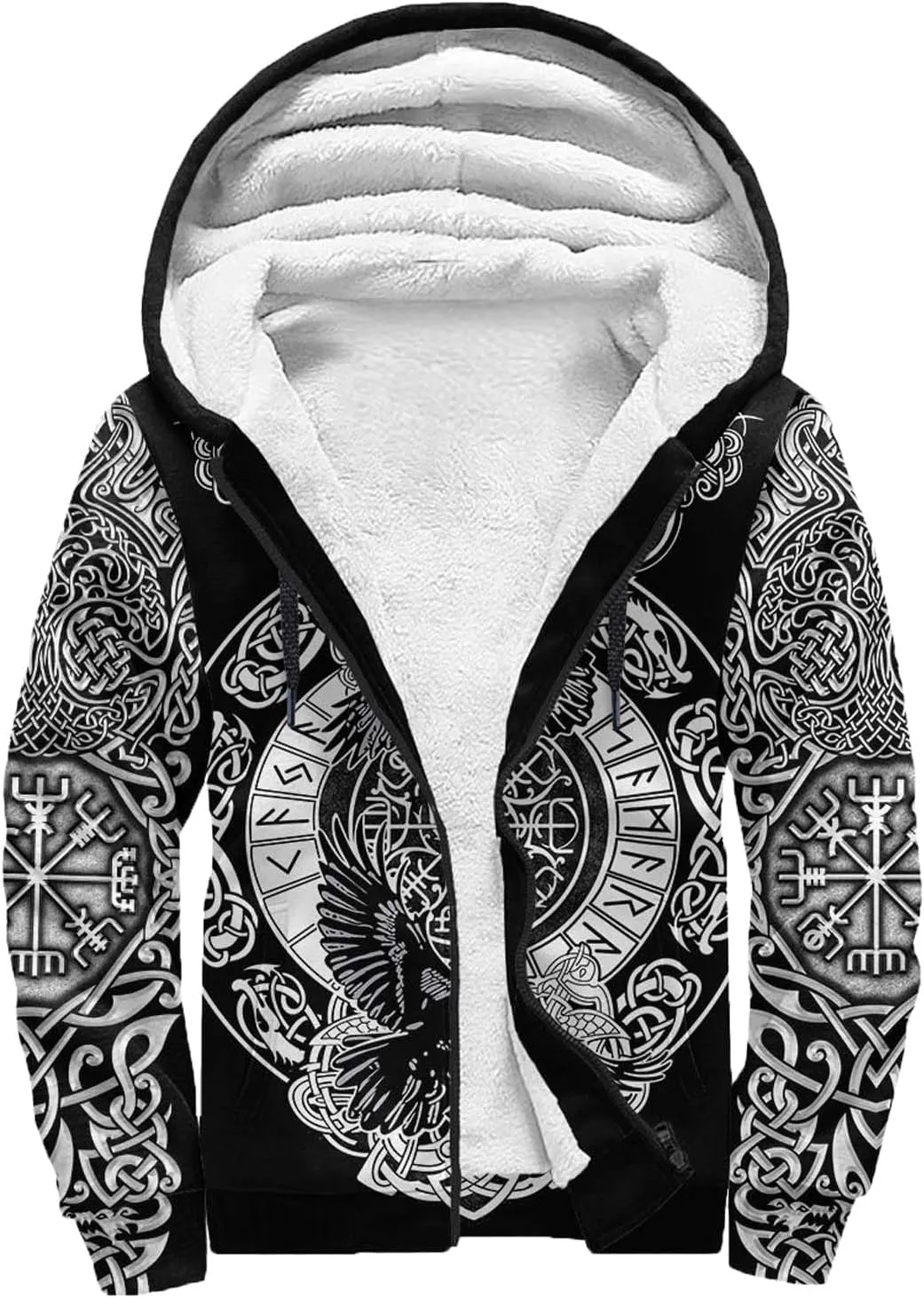 Celtic Knot 3D Print Nordic Clothing Outerwear, Viking Ravens Mens Winter Warm Outdoor Hoodies, Medieval Hammer Jacket
