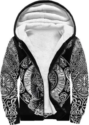 Celtic Knot 3D Print Nordic Clothing Outerwear, Viking Ravens Mens Winter Warm Outdoor Hoodies, Medieval Hammer Jacket