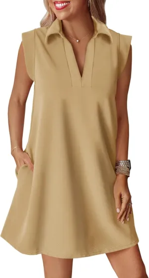 Cicy Bell Womens Summer Mini Dress Cap Sleeve Collared V Neck Casual Ribbed A Line Tunic Shirt Dresses