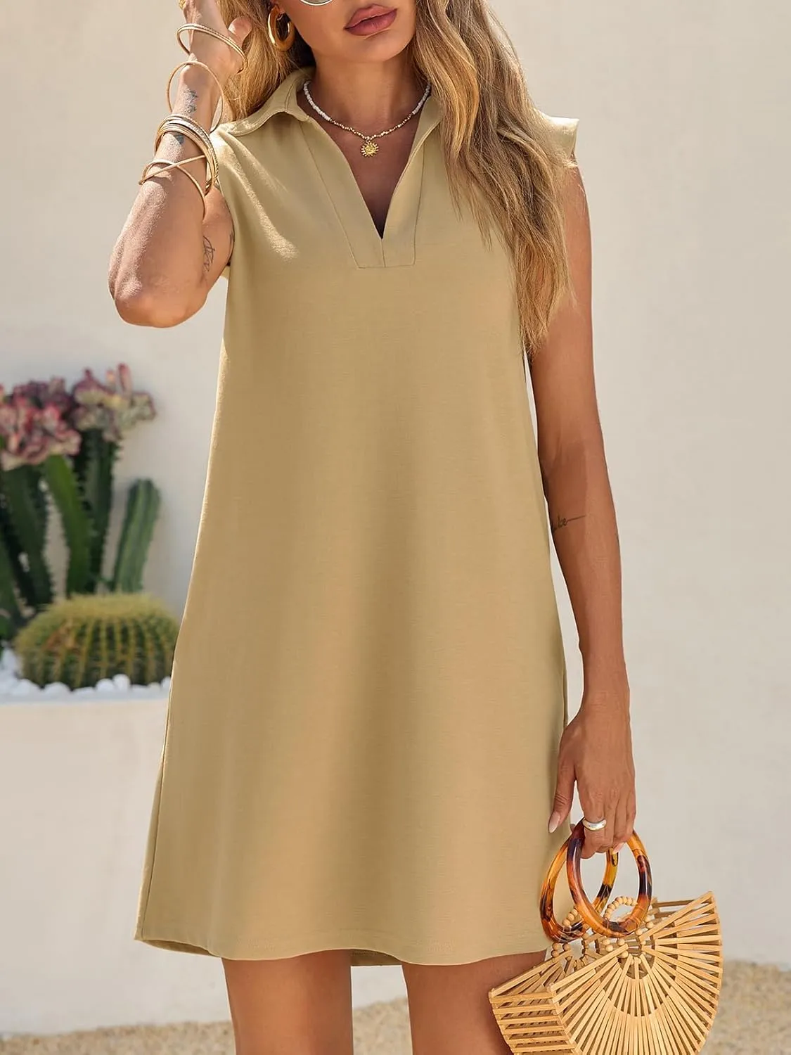 Cicy Bell Womens Summer Mini Dress Cap Sleeve Collared V Neck Casual Ribbed A Line Tunic Shirt Dresses