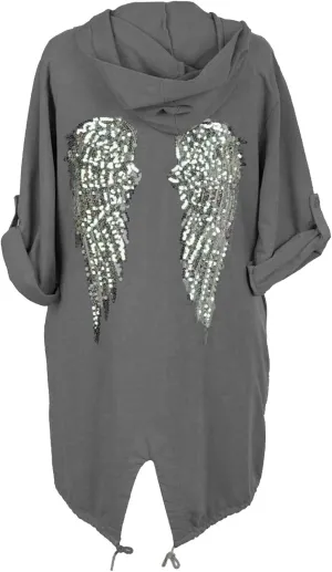 Cima Mode Womens Sequin Angel Wings Back Baggy Oversized Hoodie Cardigan Jacket Sweatshirt Top