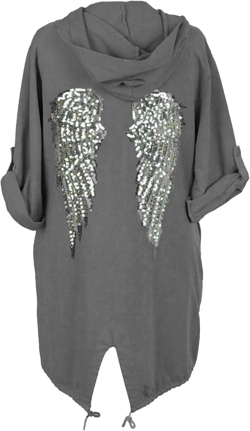 Cima Mode Womens Sequin Angel Wings Back Baggy Oversized Hoodie Cardigan Jacket Sweatshirt Top