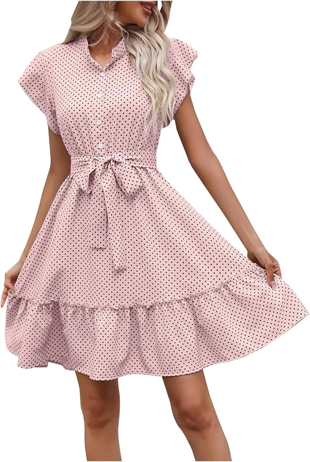 Cocktail Dresses for Women Polka Dot Cute Ruffle Short Sleeved Birthday Party Dress Women Summer A-Line Formal Dress