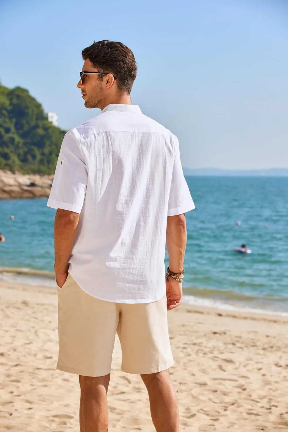 COOFANDY Men's Cotton Linen Henley Shirt Short Sleeve Hippie Casual Band Collar Summer Beach T-Shirts