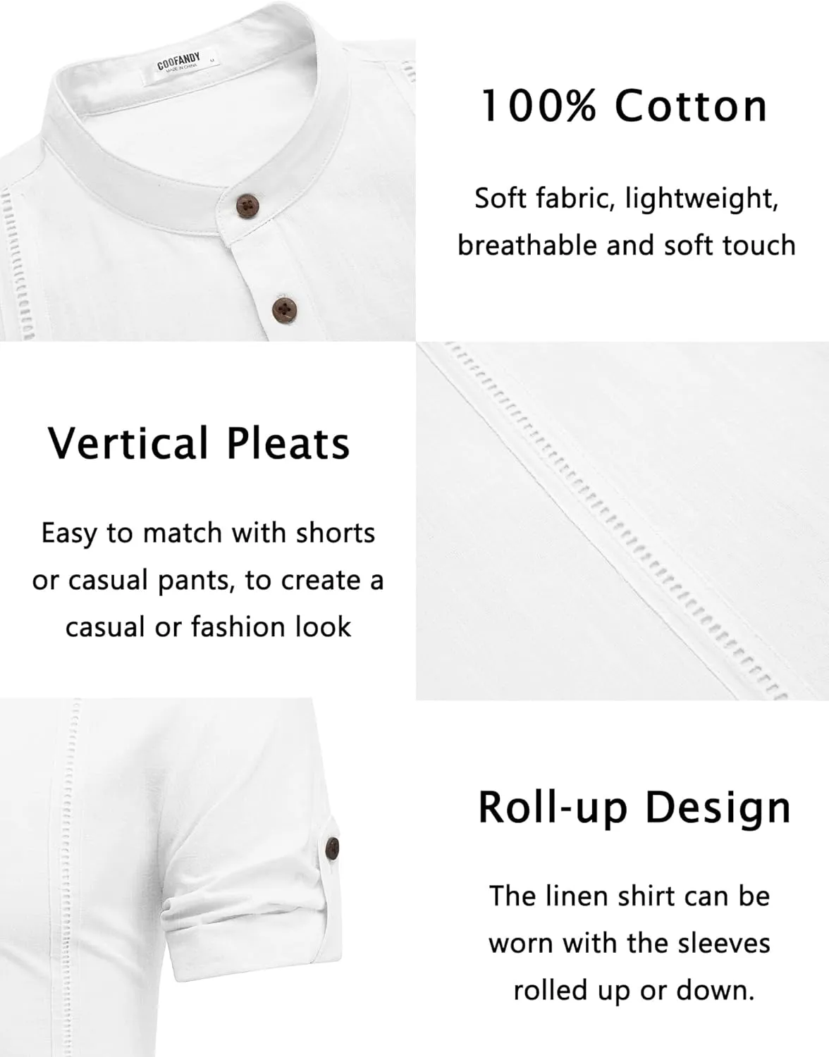 COOFANDY Men's Cotton Linen Henley Shirt Short Sleeve Hippie Casual Band Collar Summer Beach T-Shirts