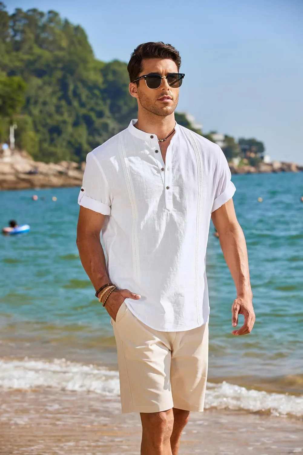 COOFANDY Men's Cotton Linen Henley Shirt Short Sleeve Hippie Casual Band Collar Summer Beach T-Shirts