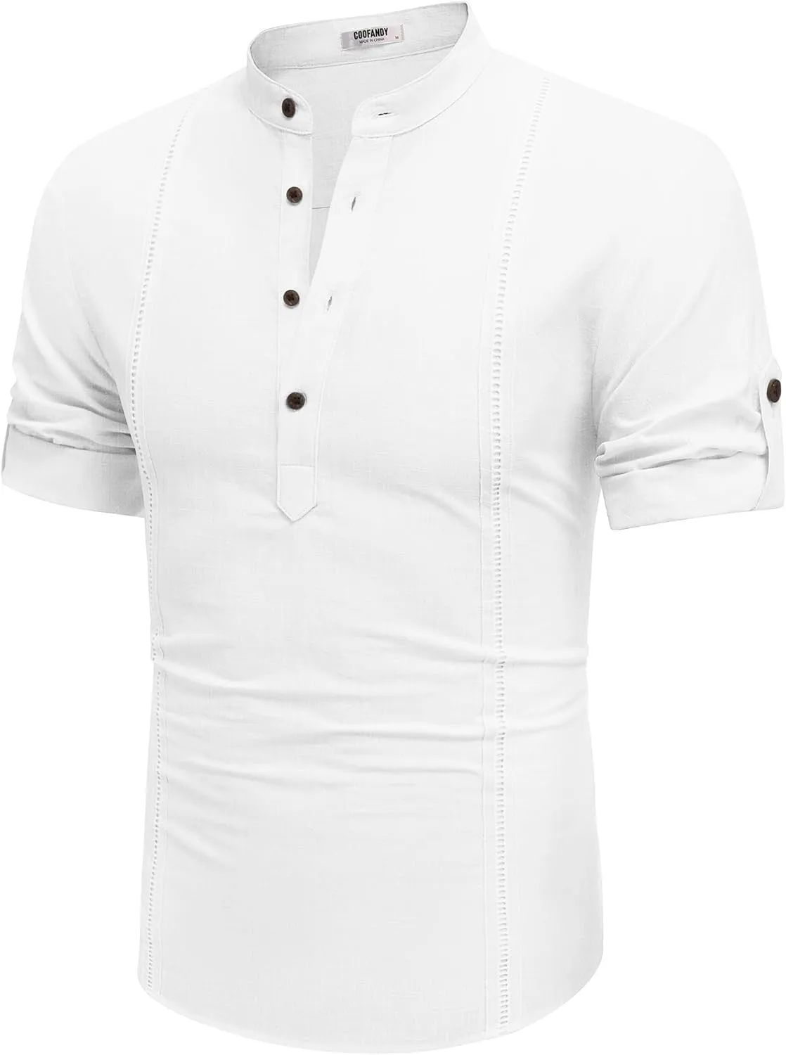 COOFANDY Men's Cotton Linen Henley Shirt Short Sleeve Hippie Casual Band Collar Summer Beach T-Shirts