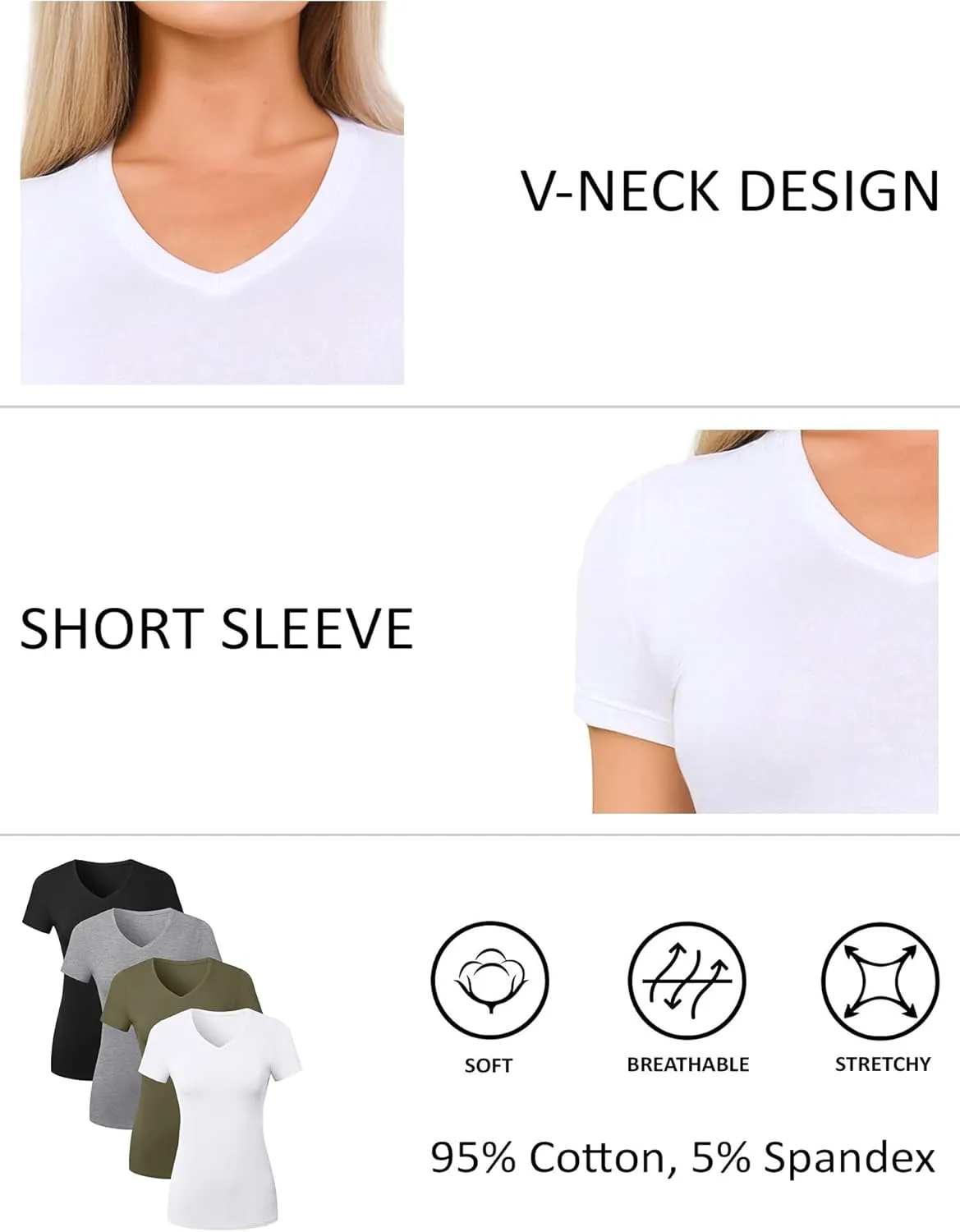 Cotton V Neck T Shirts for Women Short Sleeve Tshirt Basic Tees Vneck Tshirts Womens Tops Undershirt Multipack