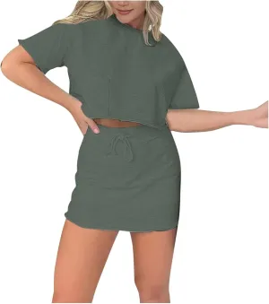 Cropped Tee Skort Set Sweat Skirt Sets Women 2 Piece Outfits Two Piece Tennis Skirt Set for Women Dressy Long