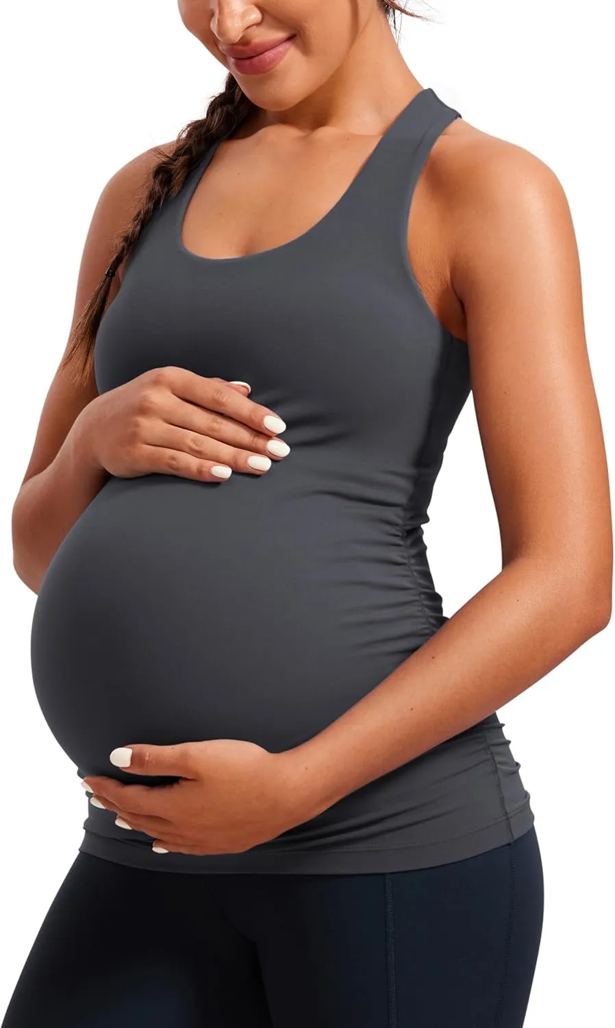 CRZ YOGA Butterluxe Womens Racerback Maternity Tank Tops Ruched Sleeveless Pregnancy Yoga Tee with Built in Bra Workout Shirt