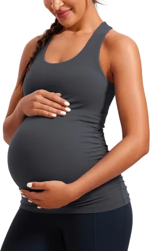 CRZ YOGA Butterluxe Womens Racerback Maternity Tank Tops Ruched Sleeveless Pregnancy Yoga Tee with Built in Bra Workout Shirt