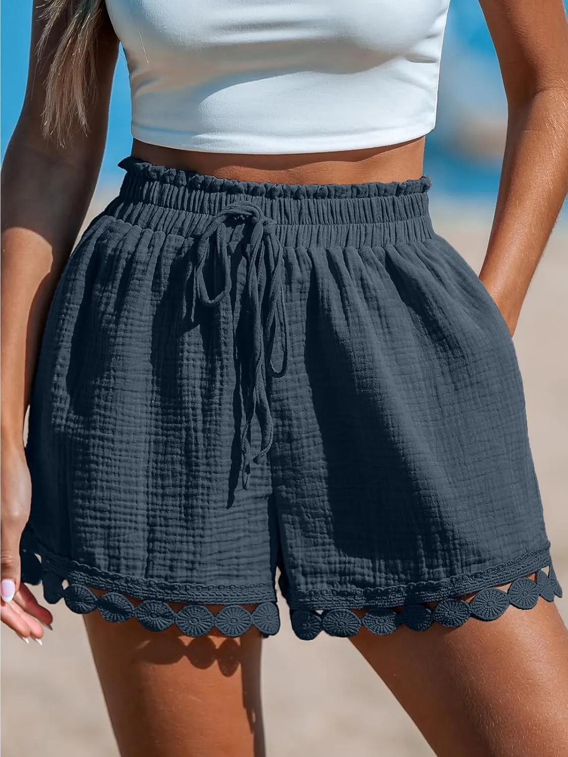 CUPSHE Women Swim Cover Up Shorts 100% Cotton Casual Beach Shorts with Side Pockets