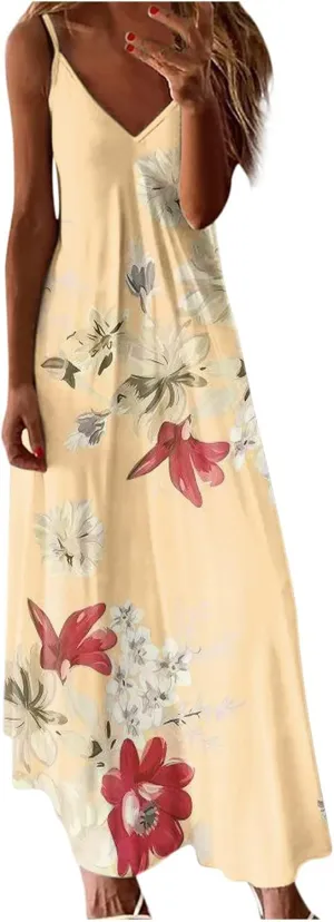 Day Today Women's Summer Spaghetti Strap Elegant Long Dresses Plus Size Vacation Flowy Beach Dress Loose Floor Length Dress Summer Dresses for Women 2024 Vacation Beige L