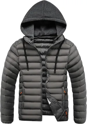 DGHM-JLMY Men's Lightweight Winter Slim Fit Hood Down Jacket Full Zip Puffer Quilted Hooded Pocket Zip Warm Thicken Coat Hood