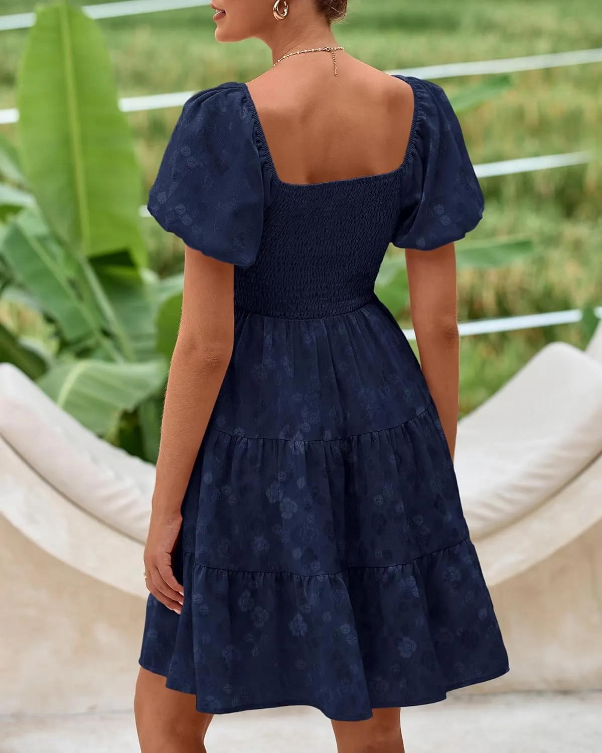 dowerme Womens Summer Dresses 2025 Puff Short Sleeve Square Neck Smocked Floral Wedding Guest Mini Dress with Pockets