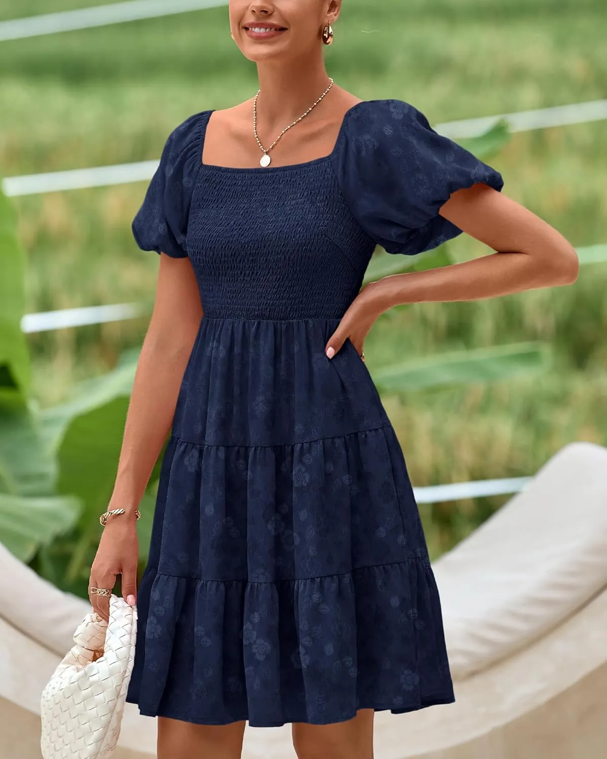 dowerme Womens Summer Dresses 2025 Puff Short Sleeve Square Neck Smocked Floral Wedding Guest Mini Dress with Pockets