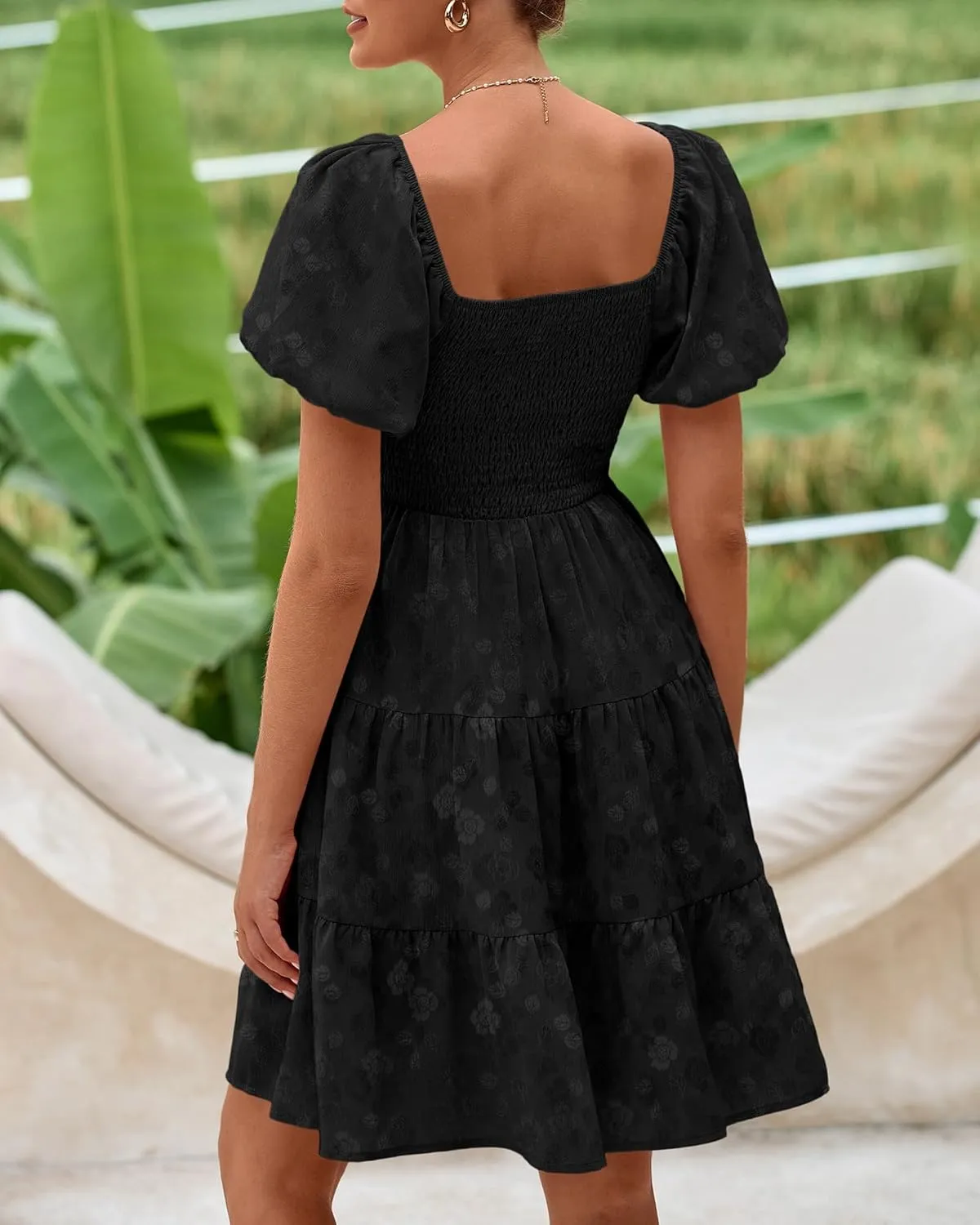 dowerme Womens Summer Dresses 2025 Puff Short Sleeve Square Neck Smocked Floral Wedding Guest Mini Dress with Pockets